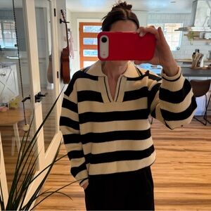 FRNCH Black and Cream Striped V-Neck Sweater